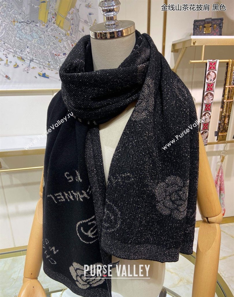 Chanel Camellia Bloom Cashmere Long Scarf 62x195 Black/Gold 2024 CH102115 (A-241021063)