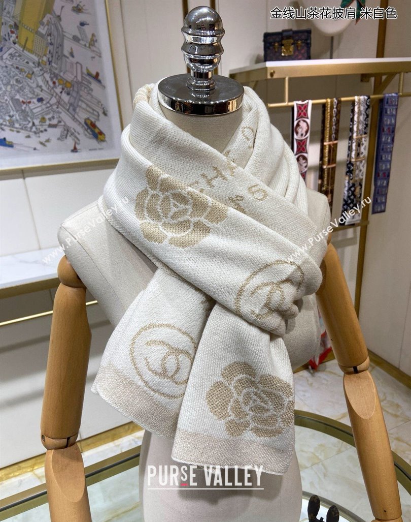 Chanel Camellia Bloom Cashmere Long Scarf 62x195 White 2024 CH102115 (A-241021064)