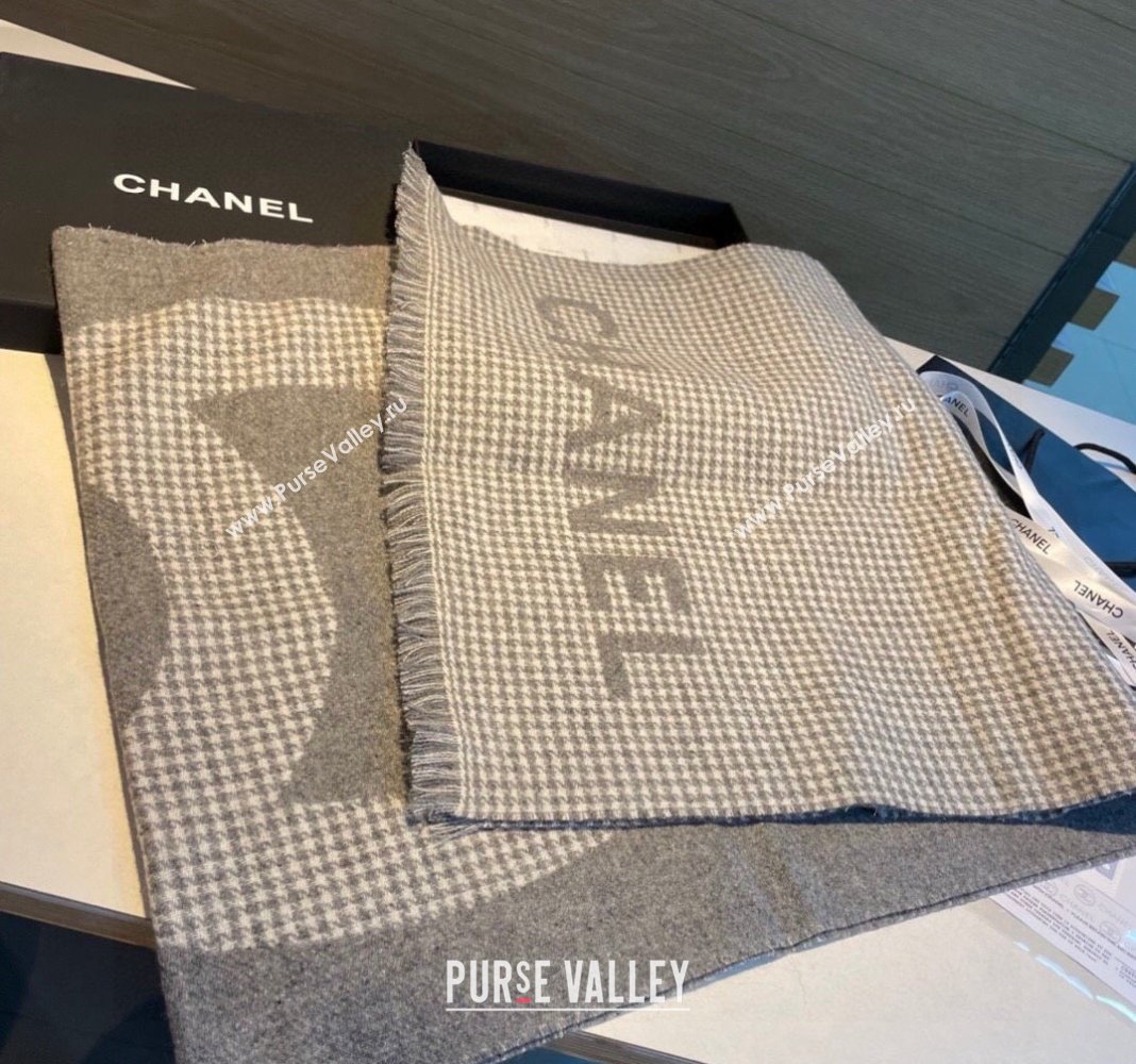 Chanel Houndtooth Cashmere Long Scarf 45x185cm Grey 2024 CH102117 (A-241021072)