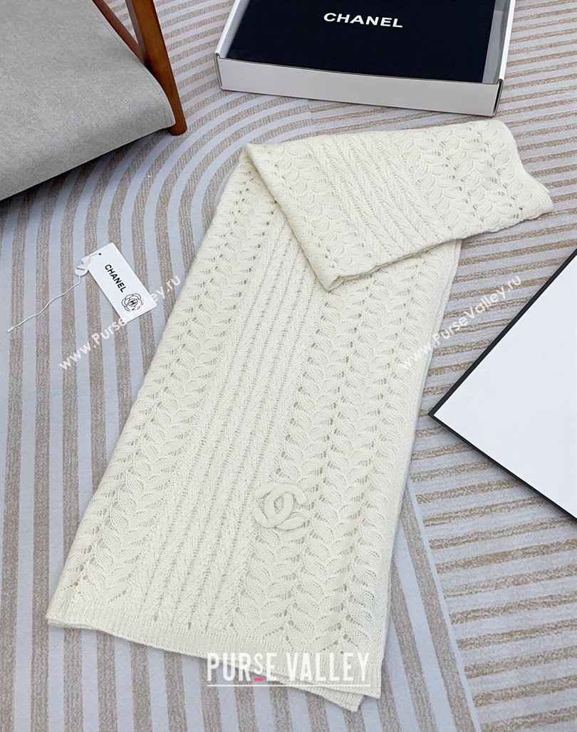 Chanel Wheat Knit Cashmere Long Scarf 70x190cm White 2024 CH102119 (A-241021075)