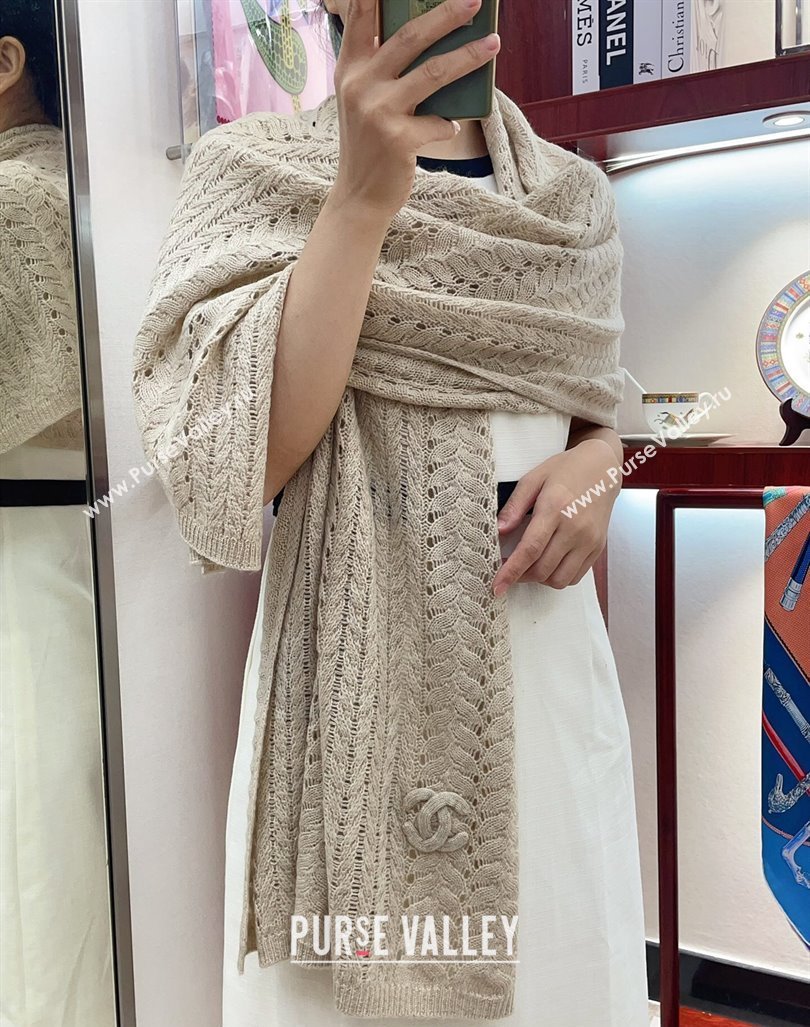 Chanel Wheat Knit Cashmere Long Scarf 70x190cm Beige 2024 CH102119 (A-241021077)