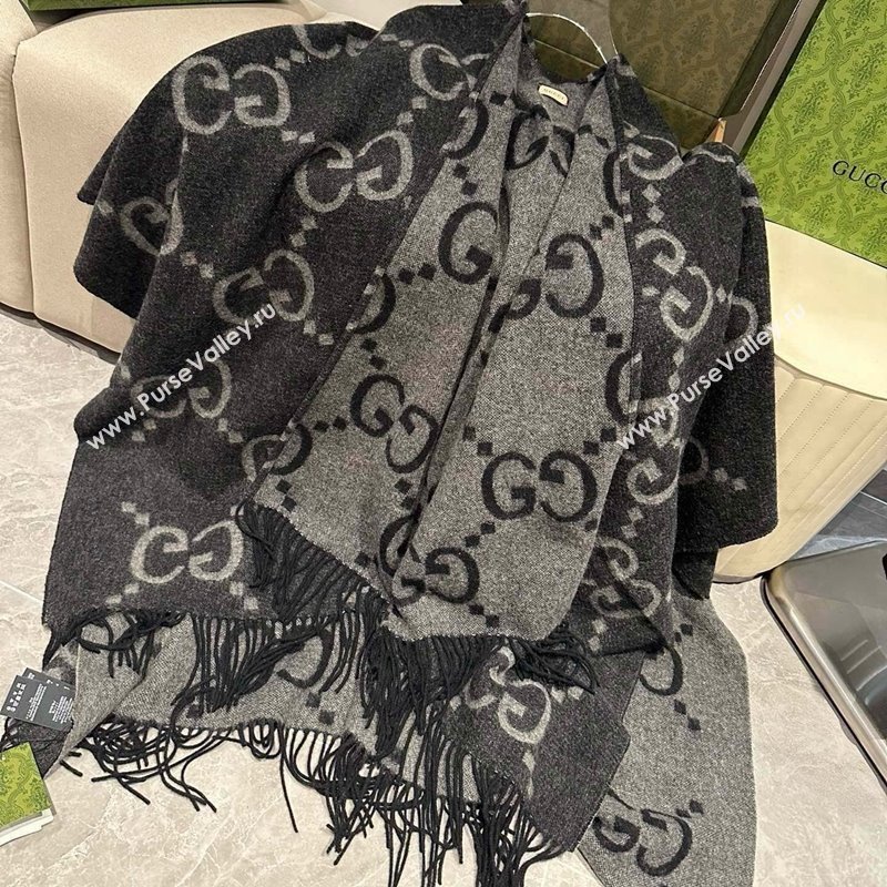 Gucci Maxi GG Cashmere Cape 145x185cm Grey/Black 2024 1128 (XMN-241128001)