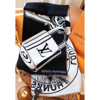 Louis Vuitton Lock and Keys Wool Cashmere Long Scarf 45x215cm Black/White 2024 1128 (A-241128057)