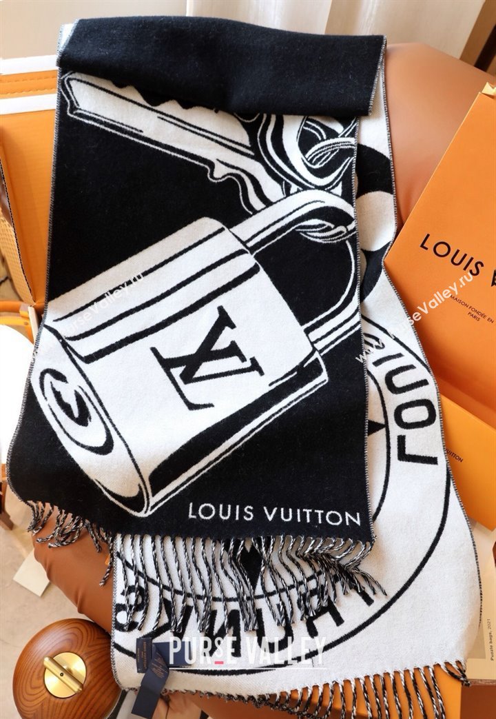 Louis Vuitton Lock and Keys Wool Cashmere Long Scarf 45x215cm Black/White 2024 1128 (A-241128057)