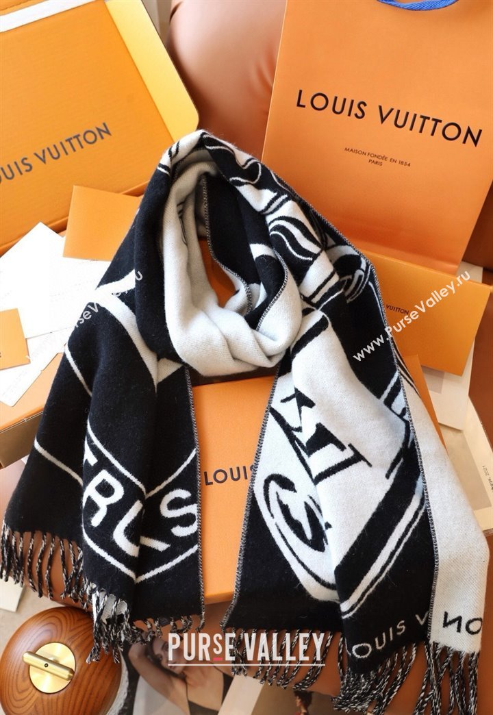 Louis Vuitton Lock and Keys Wool Cashmere Long Scarf 45x215cm Black/White 2024 1128 (A-241128057)