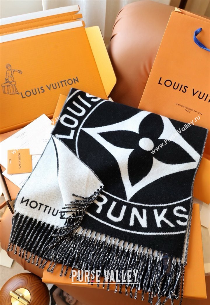 Louis Vuitton Lock and Keys Wool Cashmere Long Scarf 45x215cm Black/White 2024 1128 (A-241128057)