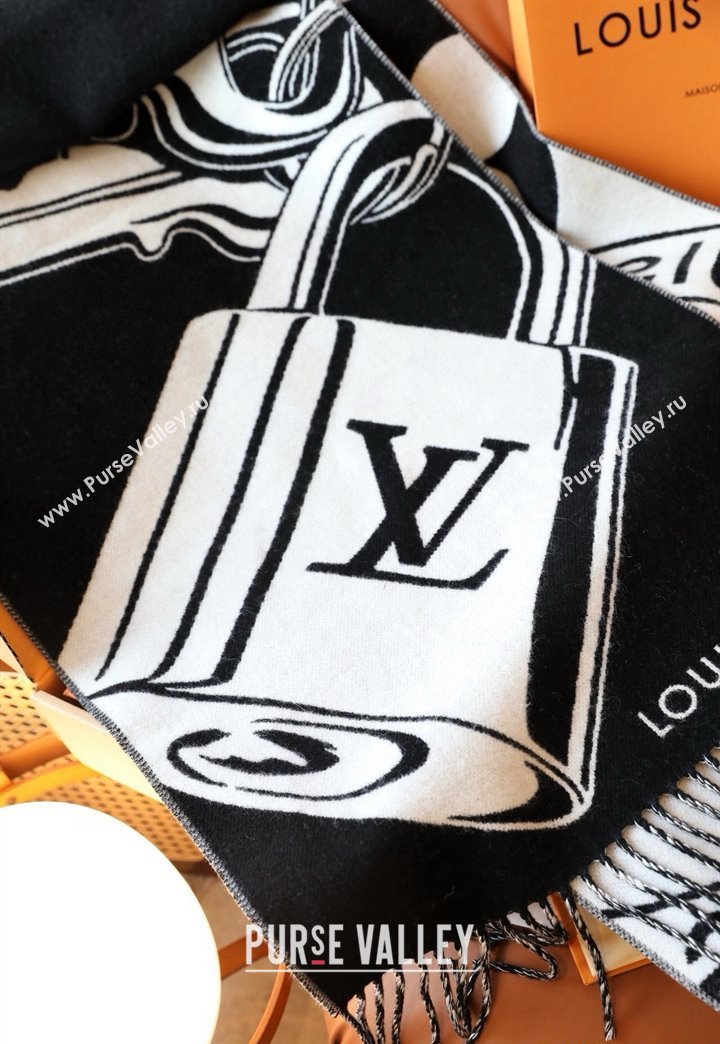 Louis Vuitton Lock and Keys Wool Cashmere Long Scarf 45x215cm Black/White 2024 1128 (A-241128057)