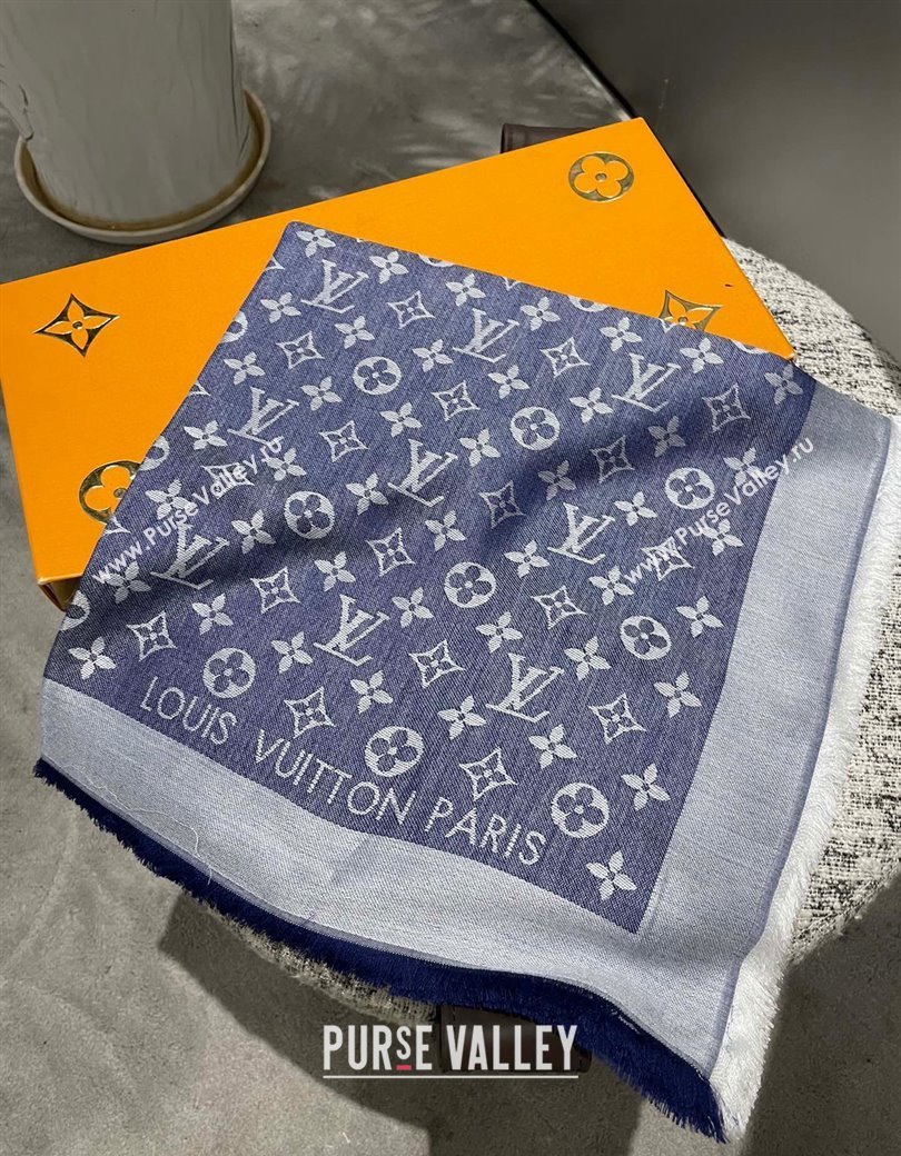 Louis Vuitton Classic Monogram Shawl Scarf 140cm Denim Blue 2024 1128 (A-241128064)