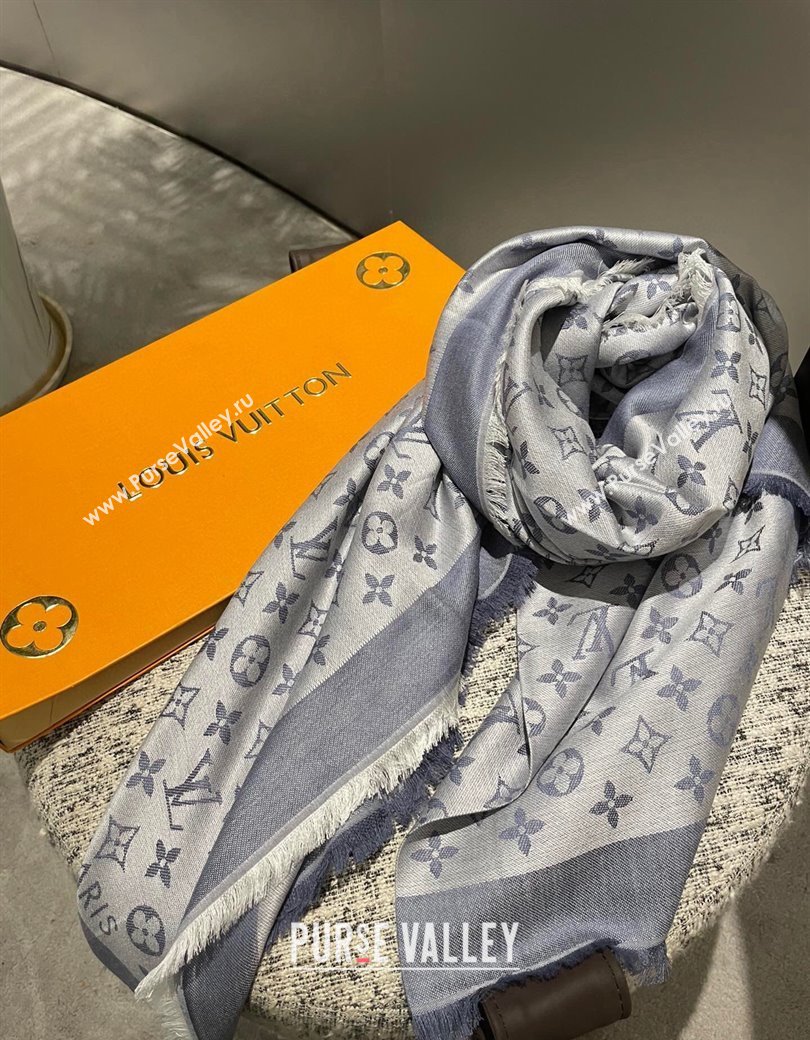 Louis Vuitton Classic Monogram Shawl Scarf 140cm Dusty Blue 2024 1128 (A-241128070)