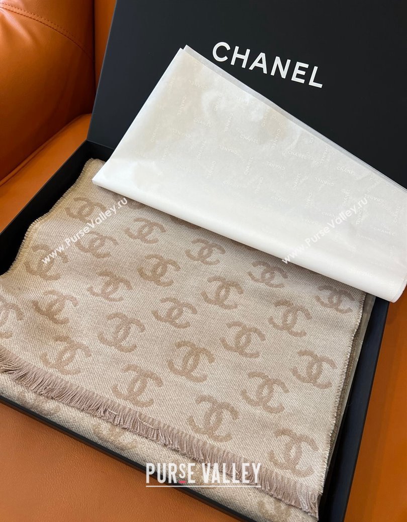 Chanel Wool Cashmere Long Scarf 35x185cm Beige Grey 2024 1128 (A-241128039)