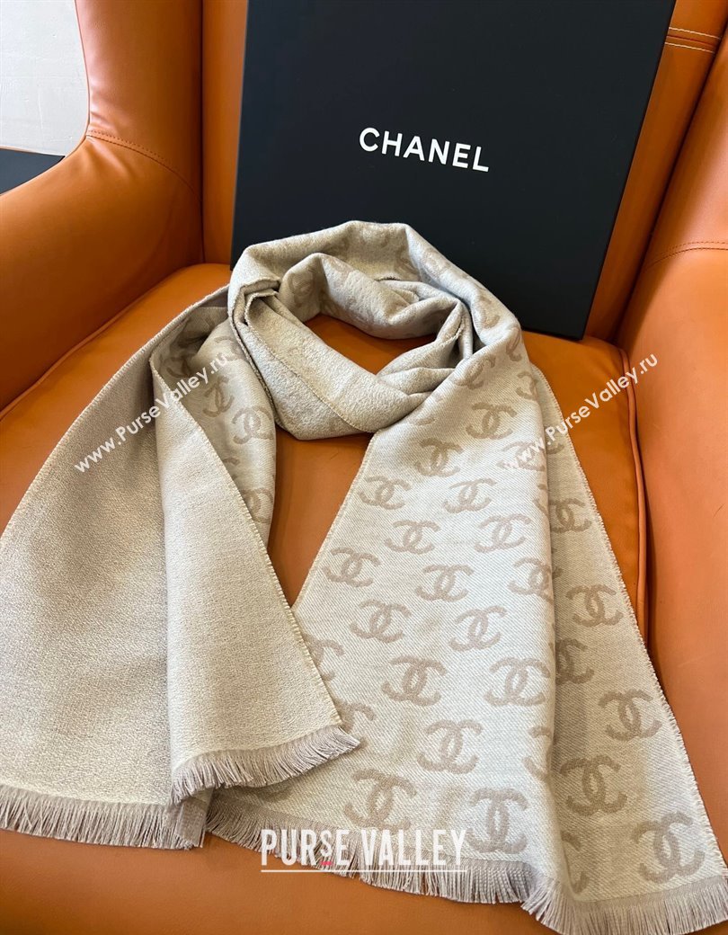 Chanel Wool Cashmere Long Scarf 35x185cm Beige Grey 2024 1128 (A-241128039)