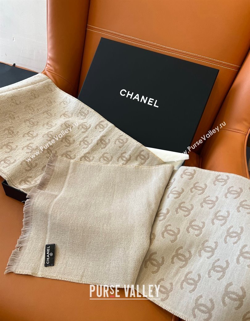 Chanel Wool Cashmere Long Scarf 35x185cm Beige Grey 2024 1128 (A-241128039)