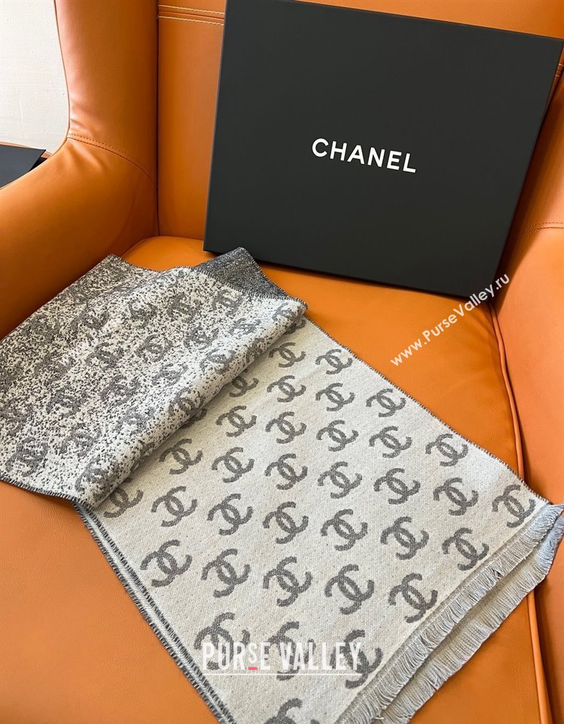 Chanel Wool Cashmere Long Scarf 35x185cm Light Grey 2024 1128 (A-241128040)