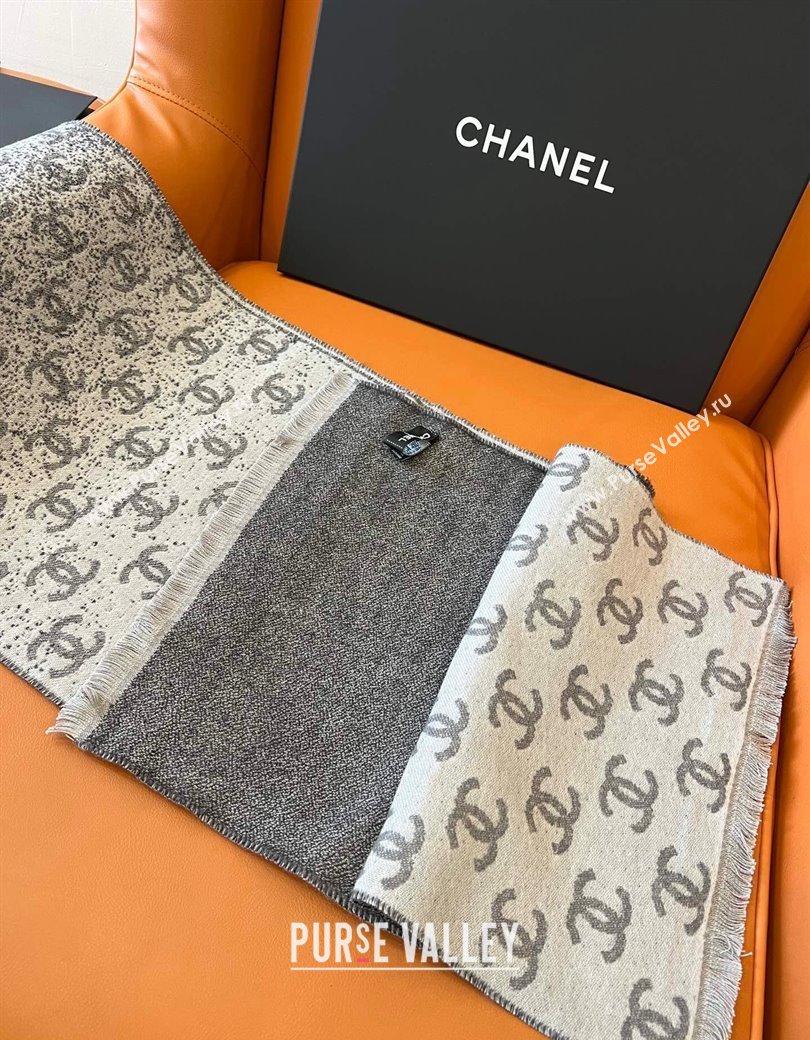 Chanel Wool Cashmere Long Scarf 35x185cm Light Grey 2024 1128 (A-241128040)