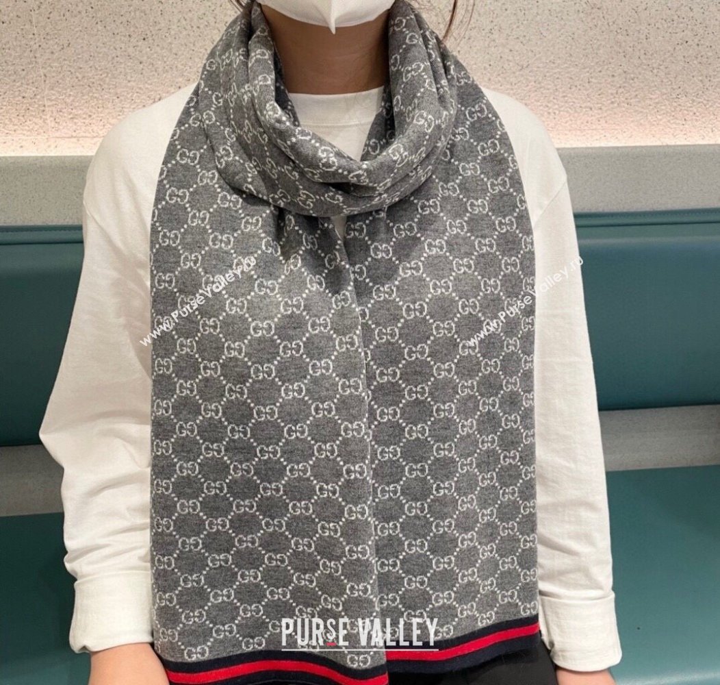 Gucci GG Knit Long Scarf 32x180cm with Web Grey 2024 1128 (A-241128029)