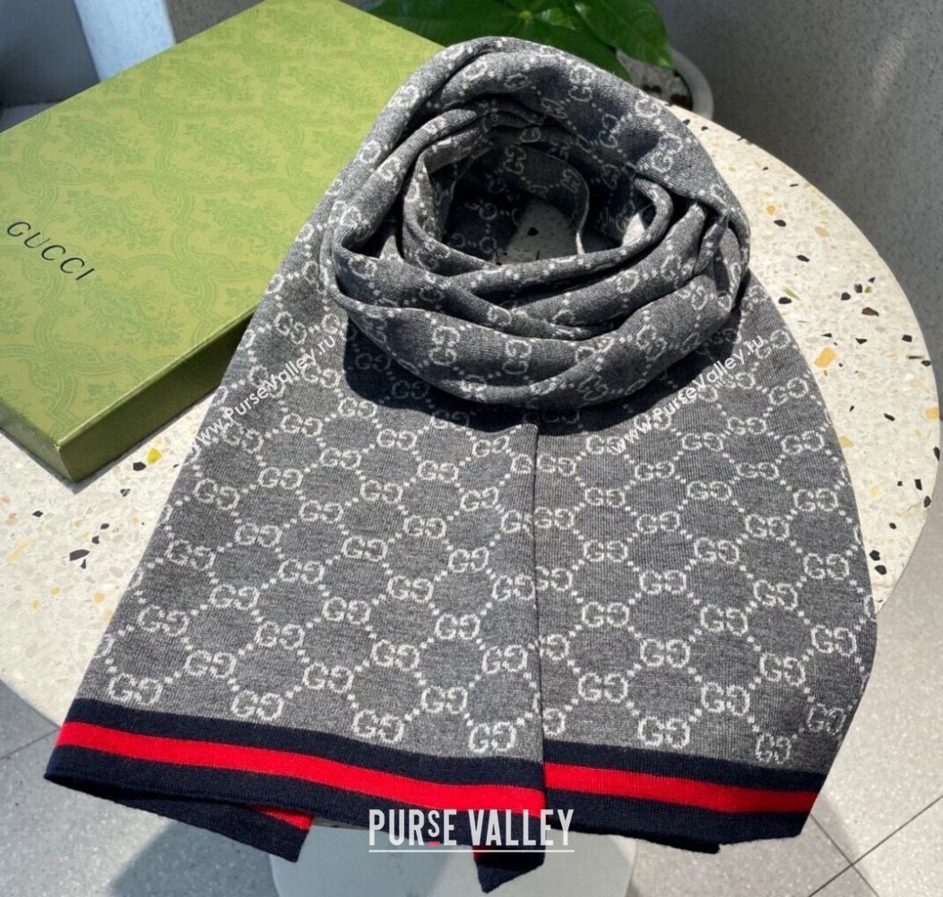 Gucci GG Knit Long Scarf 32x180cm with Web Grey 2024 1128 (A-241128029)