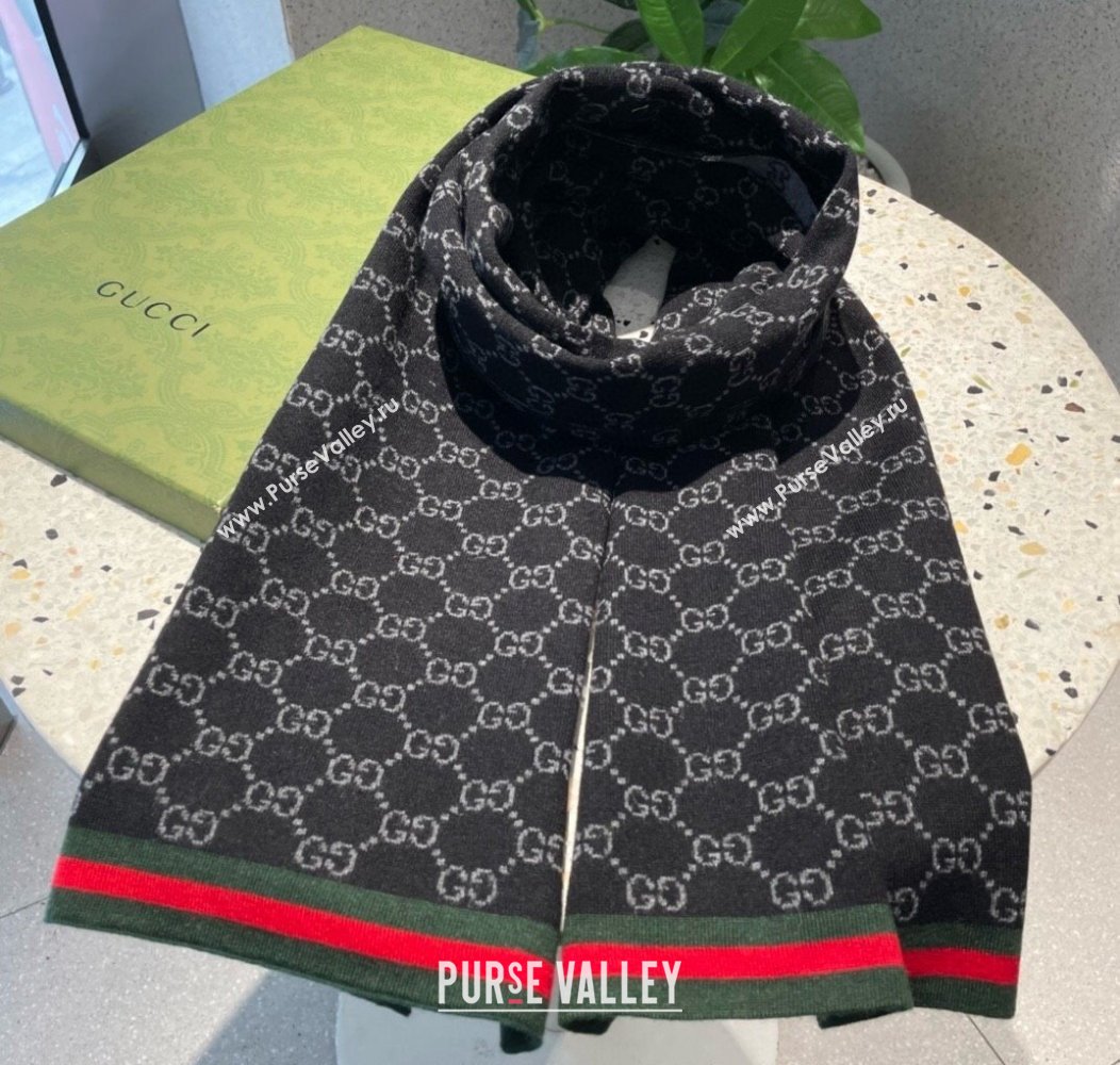 Gucci GG Knit Long Scarf 32x180cm with Web Black 2024 1128 (A-241128030)