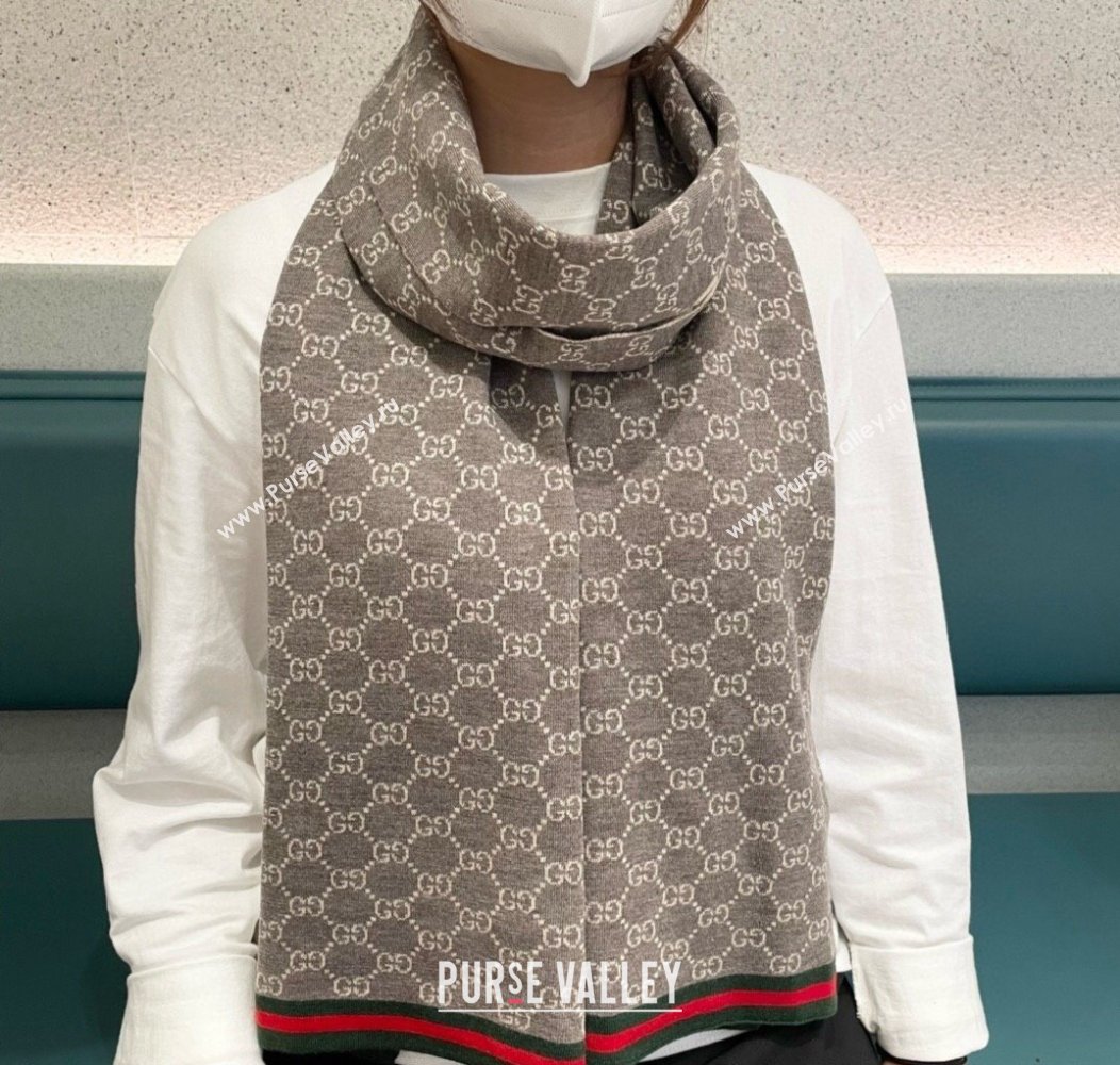 Gucci GG Knit Long Scarf 32x180cm with Web Beige 2024 1128 (A-241128031)