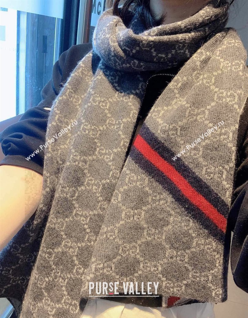 Gucci GG Knit Long Scarf 30x180cm with Web Dark Grey 2024 1128 (A-241128032)