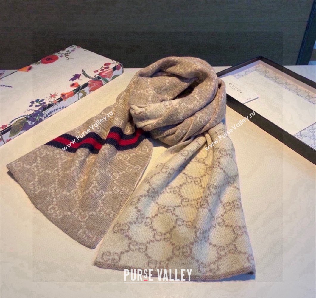 Gucci GG Knit Long Scarf 30x180cm with Web Beige 2024 1128 (A-241128033)