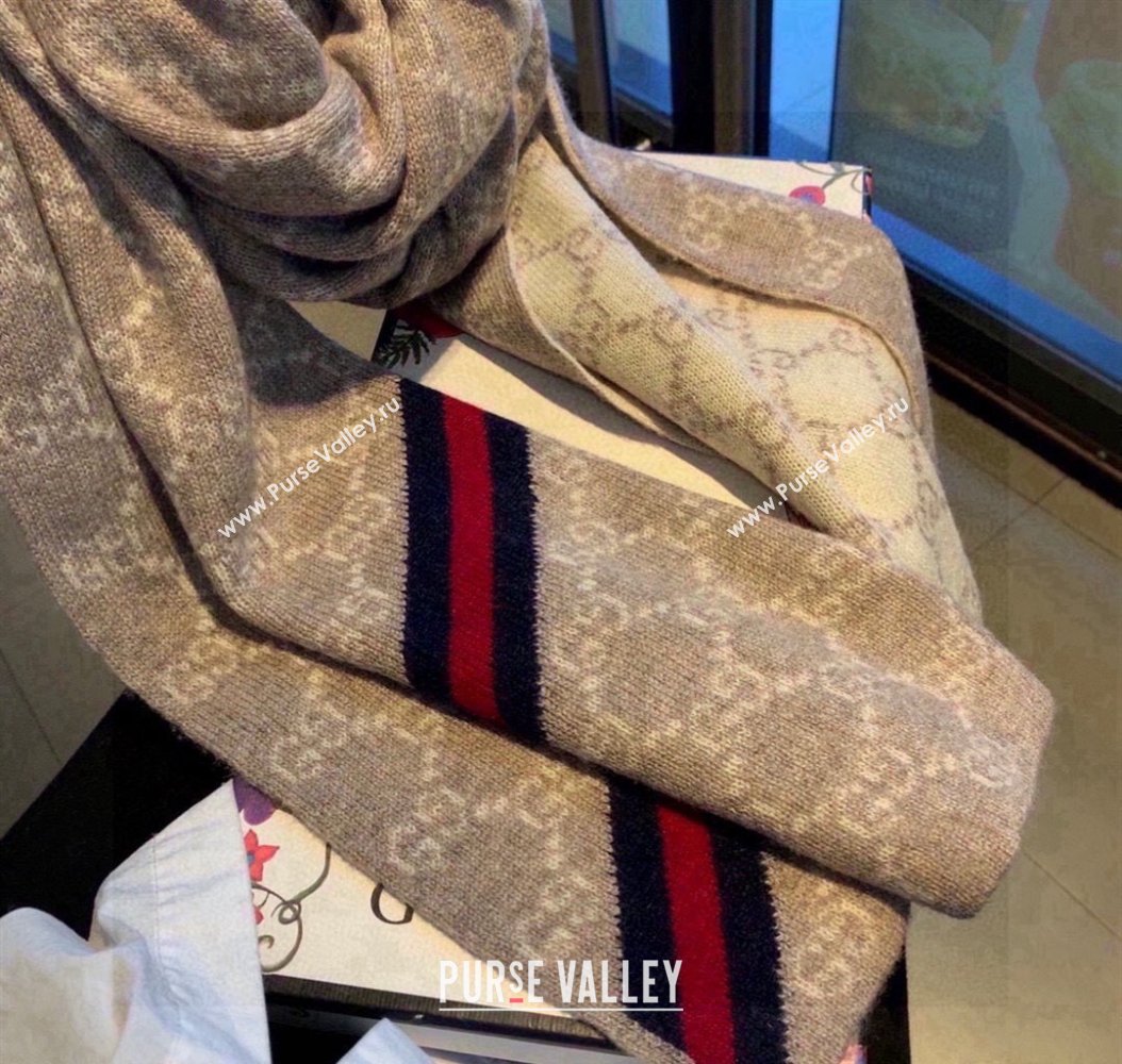 Gucci GG Knit Long Scarf 30x180cm with Web Beige 2024 1128 (A-241128033)