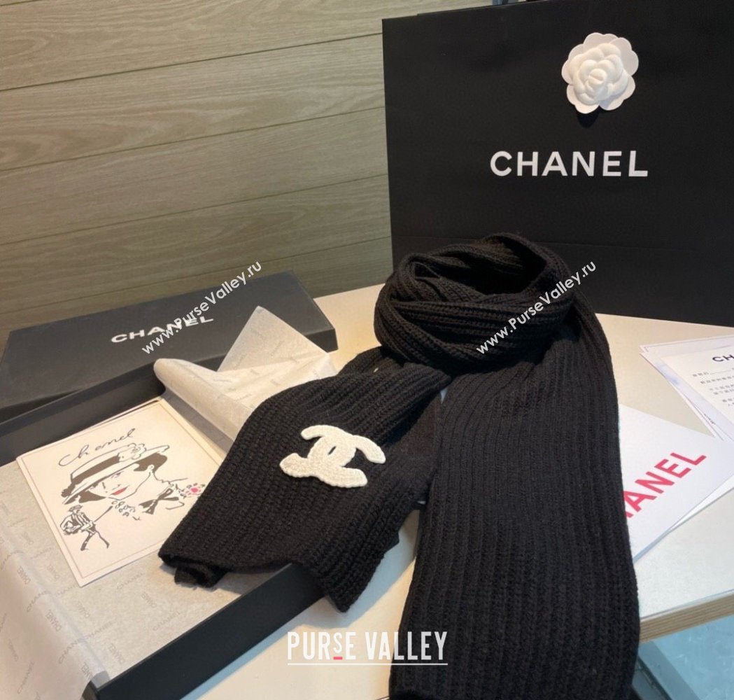 Chanel Cashmere Knit Long Scarf 30x180cm Black 2025 0115 (XMN-250115044)