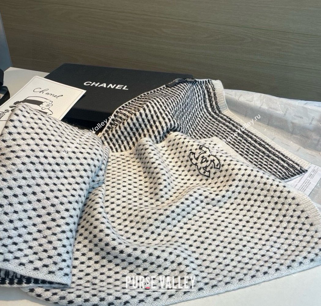 Chanel Cashmere Houndstooth Knit Long Scarf 35x180cm White 2025 0115 (XMN-250115033)