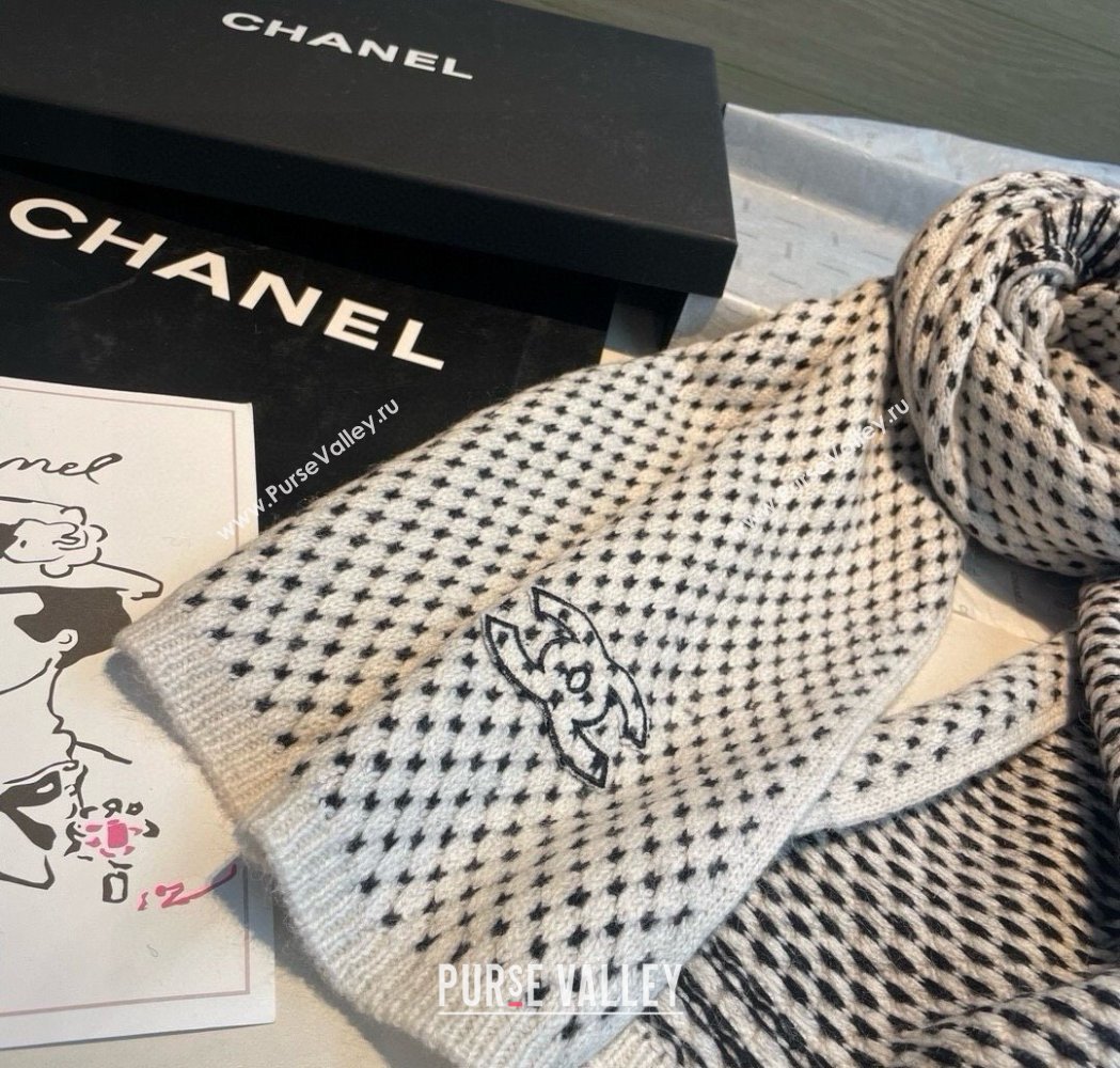 Chanel Cashmere Houndstooth Knit Long Scarf 35x180cm White 2025 0115 (XMN-250115033)