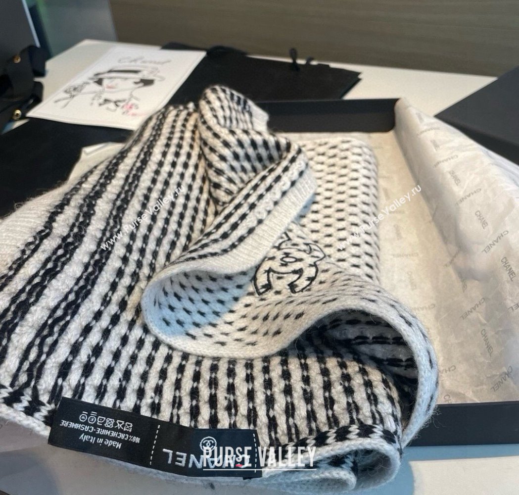 Chanel Cashmere Houndstooth Knit Long Scarf 35x180cm White 2025 0115 (XMN-250115033)