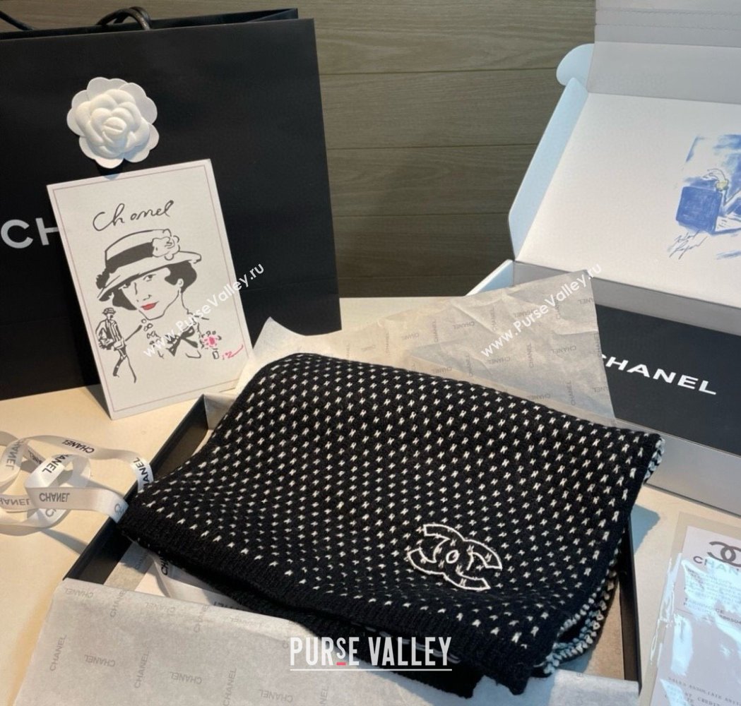 Chanel Cashmere Houndstooth Knit Long Scarf 35x180cm Black 2025 0115 (XMN-250115034)