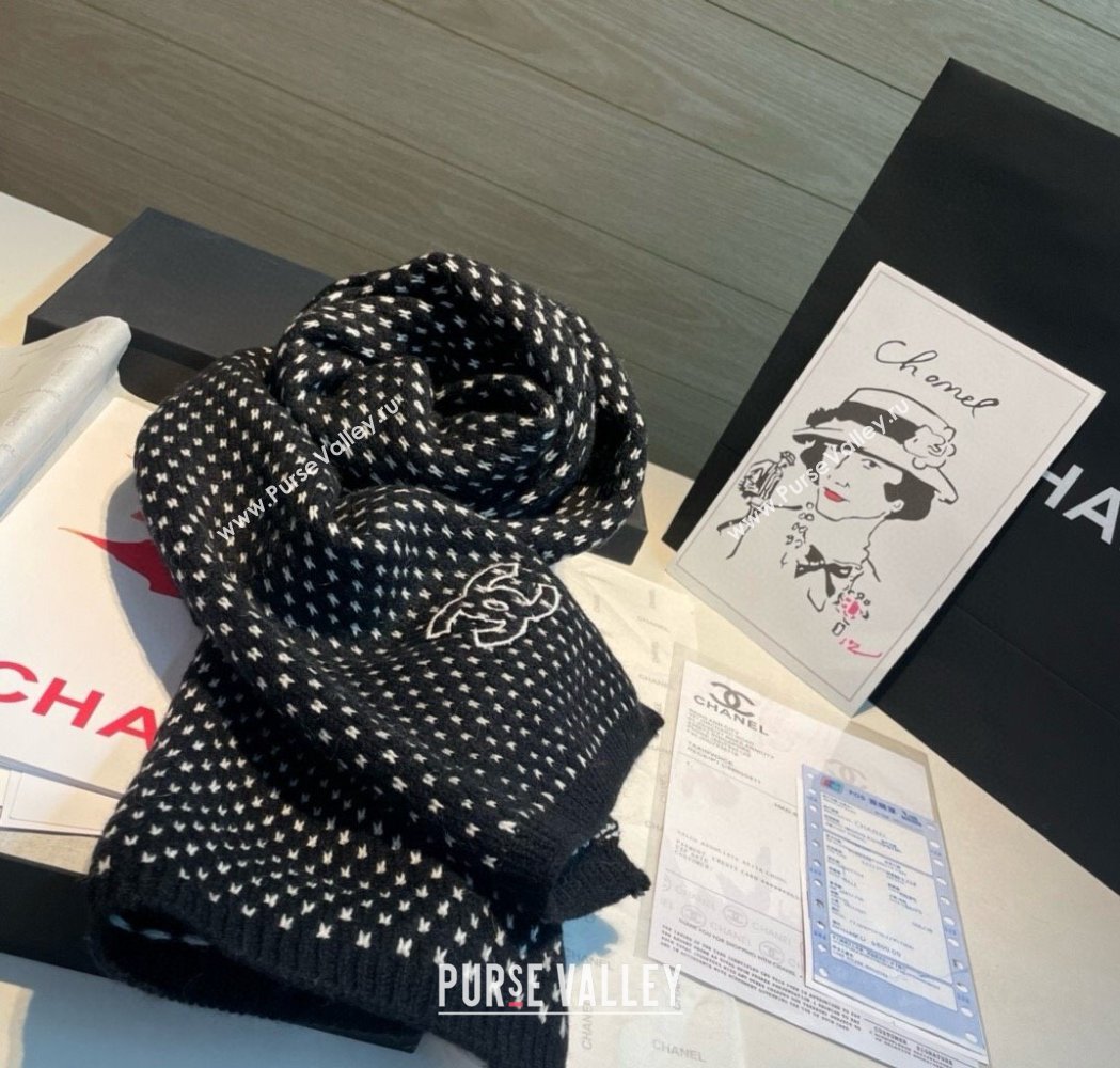 Chanel Cashmere Houndstooth Knit Long Scarf 35x180cm Black 2025 0115 (XMN-250115034)