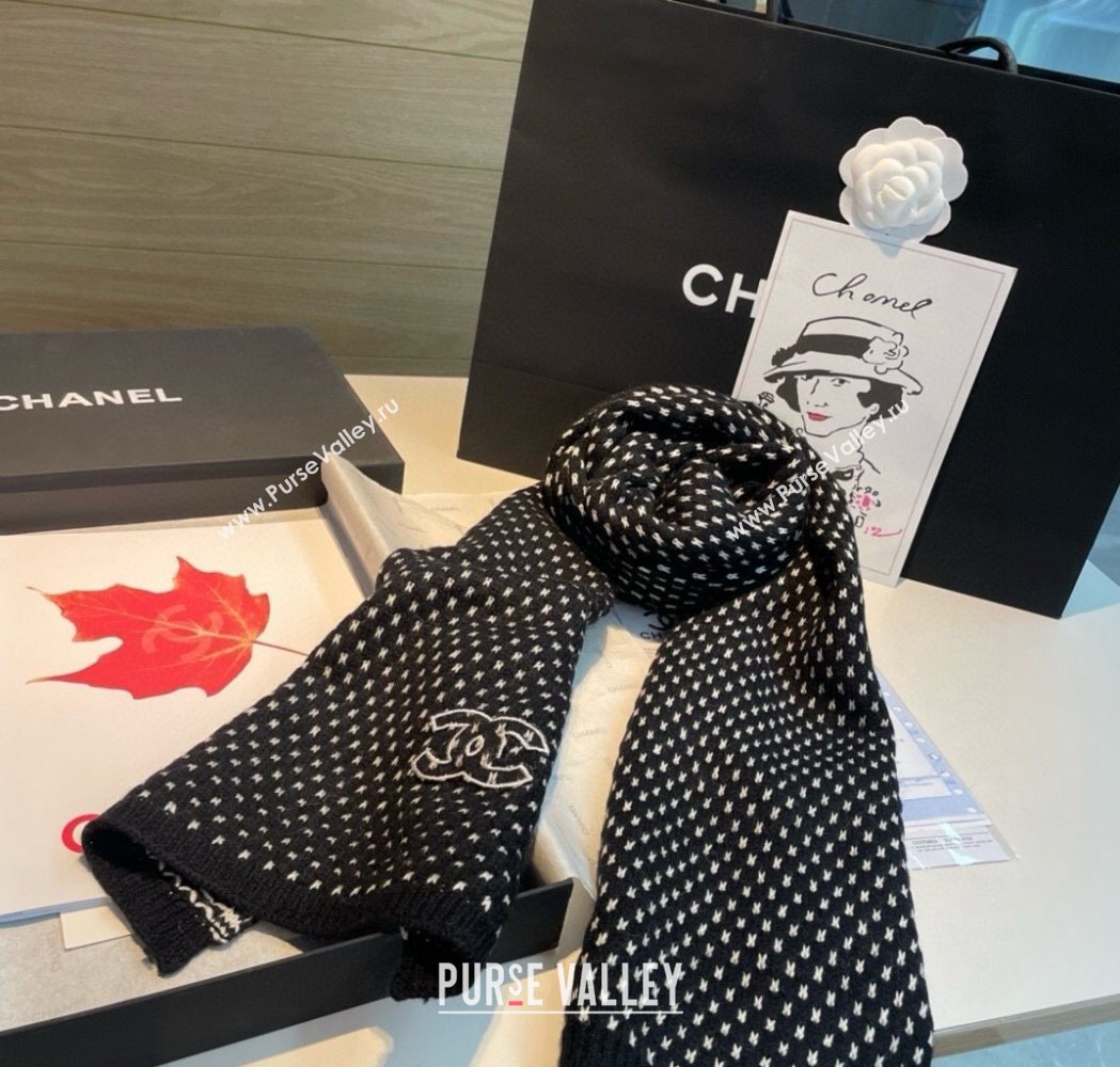 Chanel Cashmere Houndstooth Knit Long Scarf 35x180cm Black 2025 0115 (XMN-250115034)