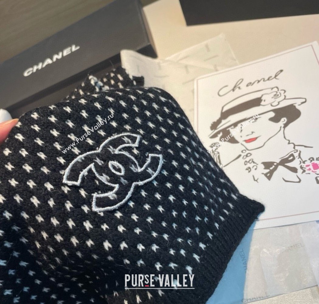 Chanel Cashmere Houndstooth Knit Long Scarf 35x180cm Black 2025 0115 (XMN-250115034)