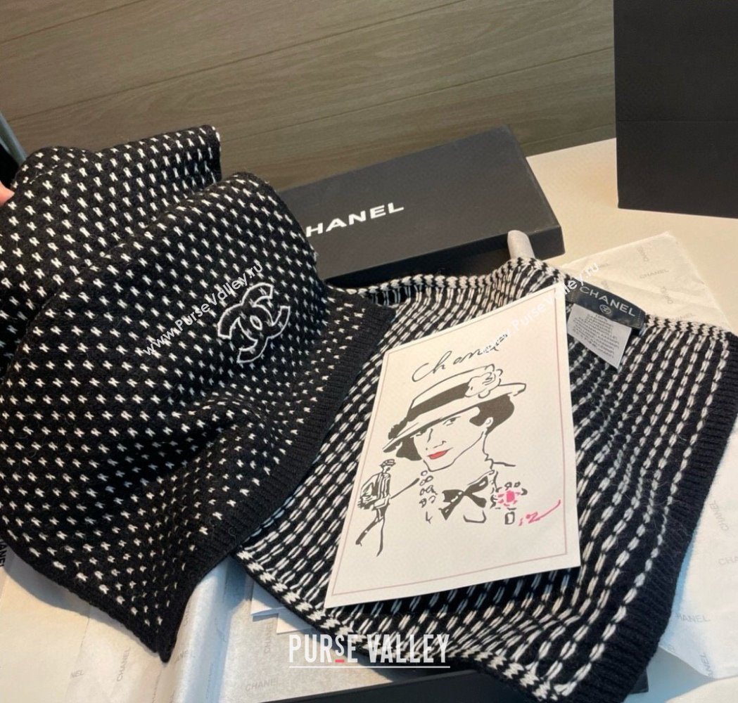 Chanel Cashmere Houndstooth Knit Long Scarf 35x180cm Black 2025 0115 (XMN-250115034)