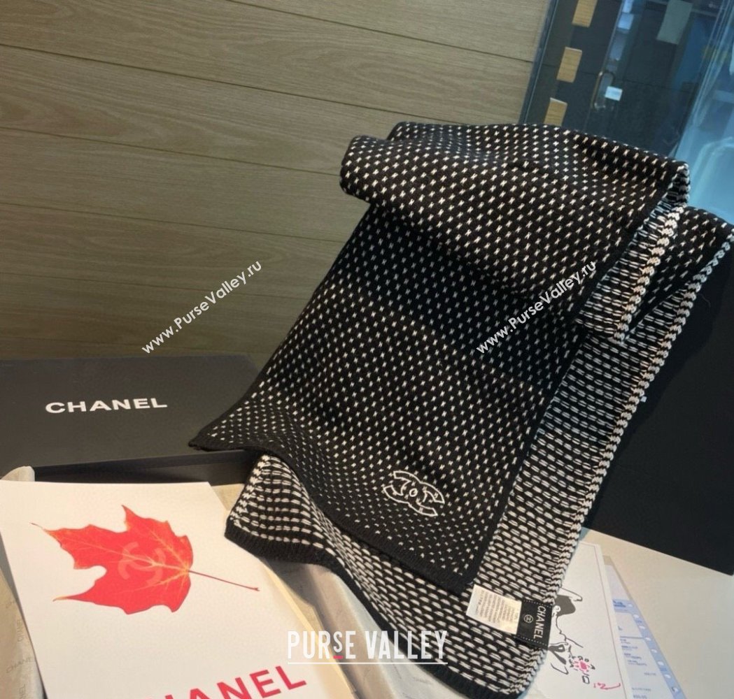 Chanel Cashmere Houndstooth Knit Long Scarf 35x180cm Black 2025 0115 (XMN-250115034)
