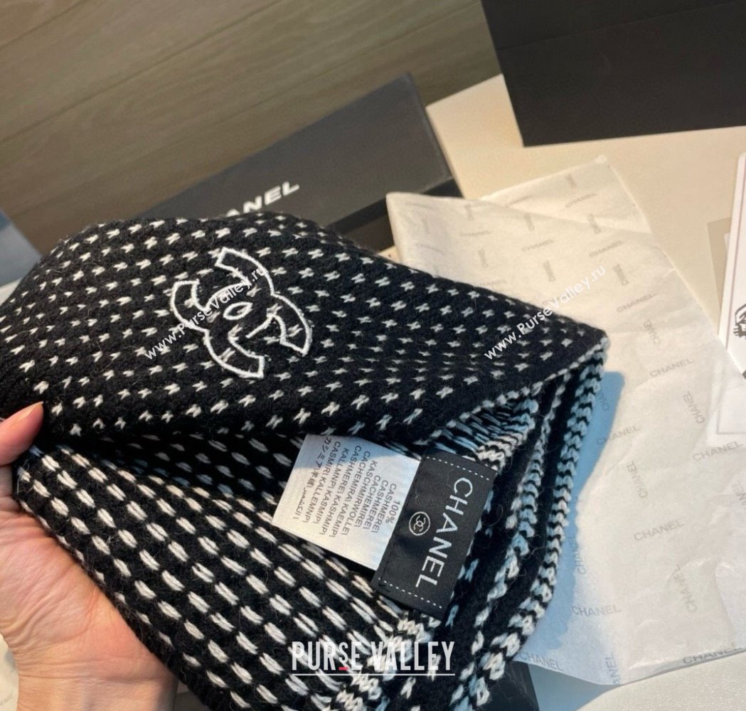 Chanel Cashmere Houndstooth Knit Long Scarf 35x180cm Black 2025 0115 (XMN-250115034)