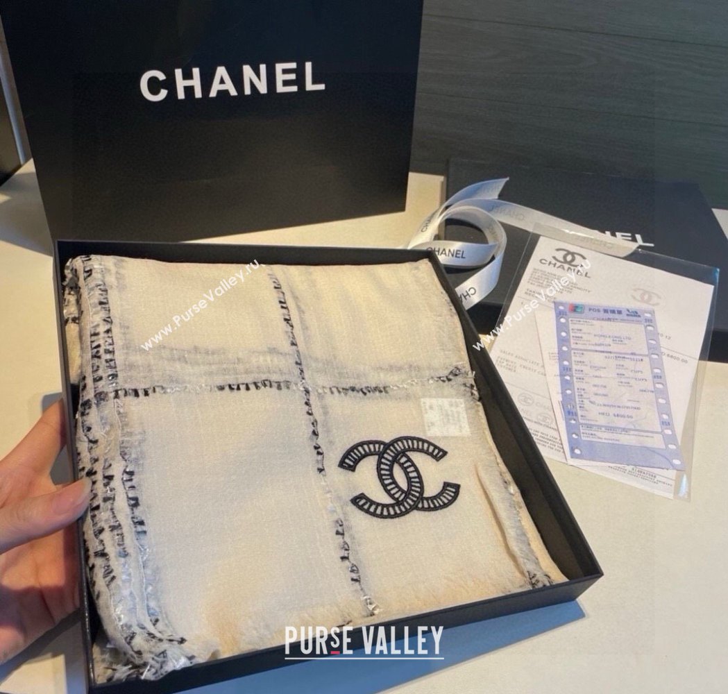 Chanel Cashmere Check Long Scarf 100x200cm White 2025 0115 (XMN-250115036)