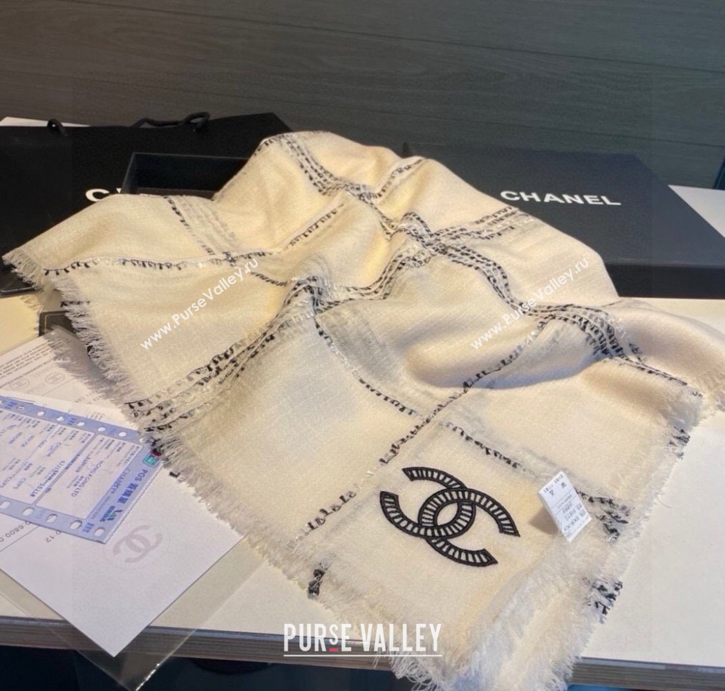Chanel Cashmere Check Long Scarf 100x200cm White 2025 0115 (XMN-250115036)
