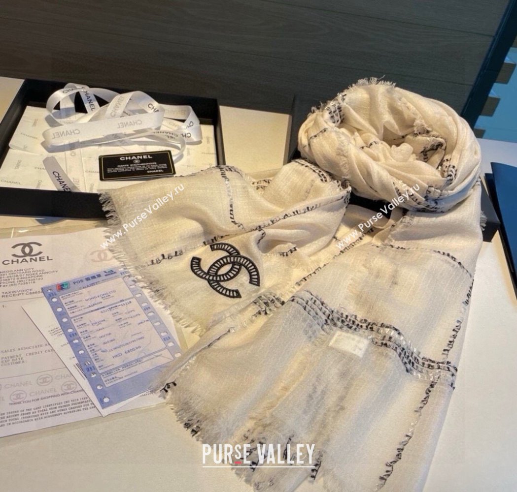 Chanel Cashmere Check Long Scarf 100x200cm White 2025 0115 (XMN-250115036)