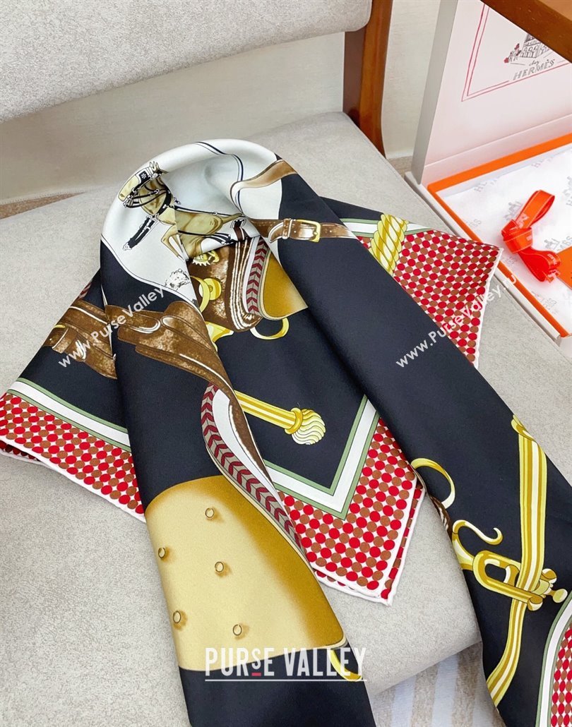 Hermes Carrick a Pompe Silk Square Scarf 90x90cm Black 2025 (SHI-250319091)