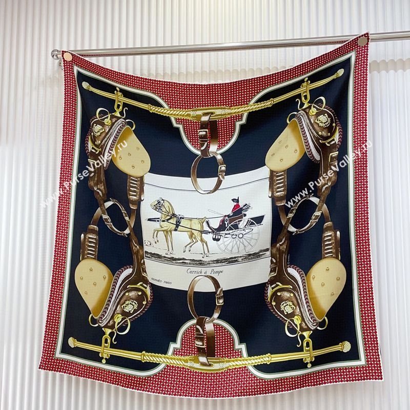 Hermes Carrick a Pompe Silk Square Scarf 90x90cm Black 2025 (SHI-250319091)
