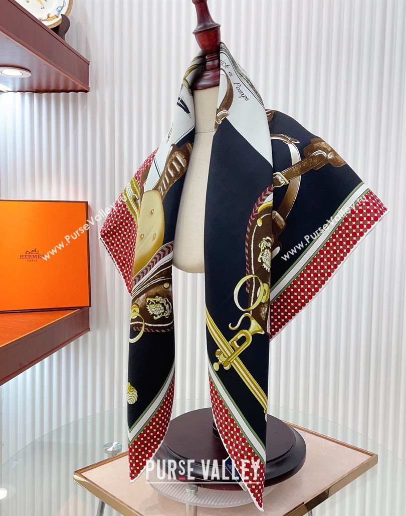 Hermes Carrick a Pompe Silk Square Scarf 90x90cm Black 2025 (SHI-250319091)