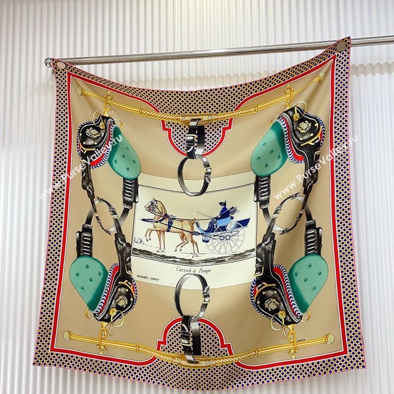 Hermes Carrick a Pompe Silk Square Scarf 90x90cm Beige 2025 (SHI-250319092)