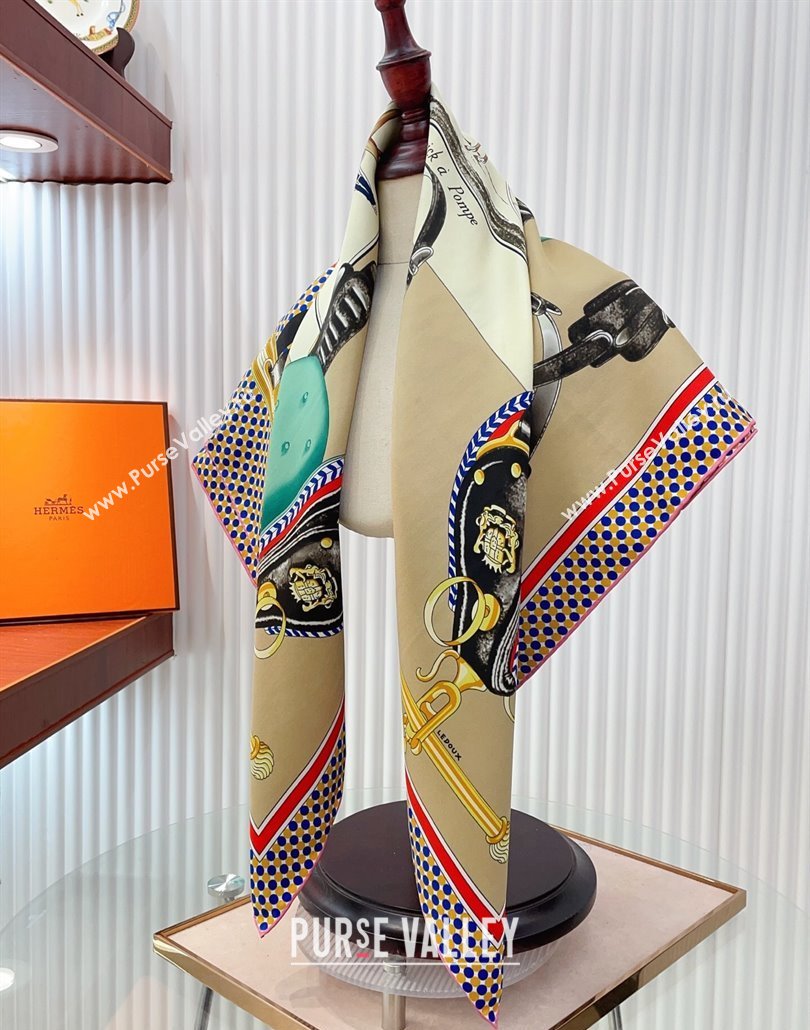 Hermes Carrick a Pompe Silk Square Scarf 90x90cm Beige 2025 (SHI-250319092)
