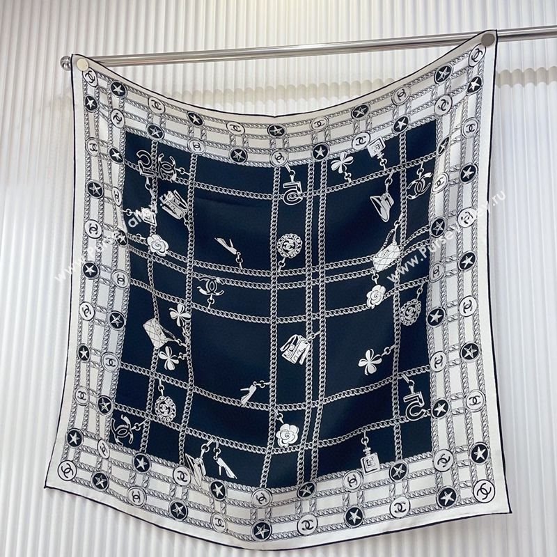 Chanel Chain Quilted Silk Square Scarf 90x90cm Black/White 2025 (SHI-250319099)