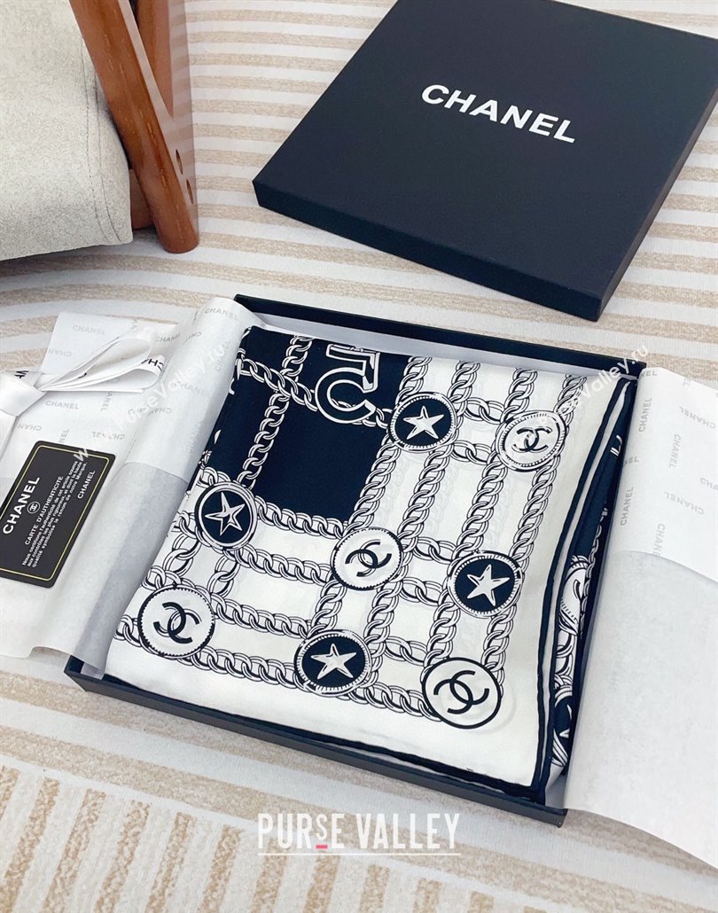 Chanel Chain Quilted Silk Square Scarf 90x90cm Black/White 2025 (SHI-250319099)