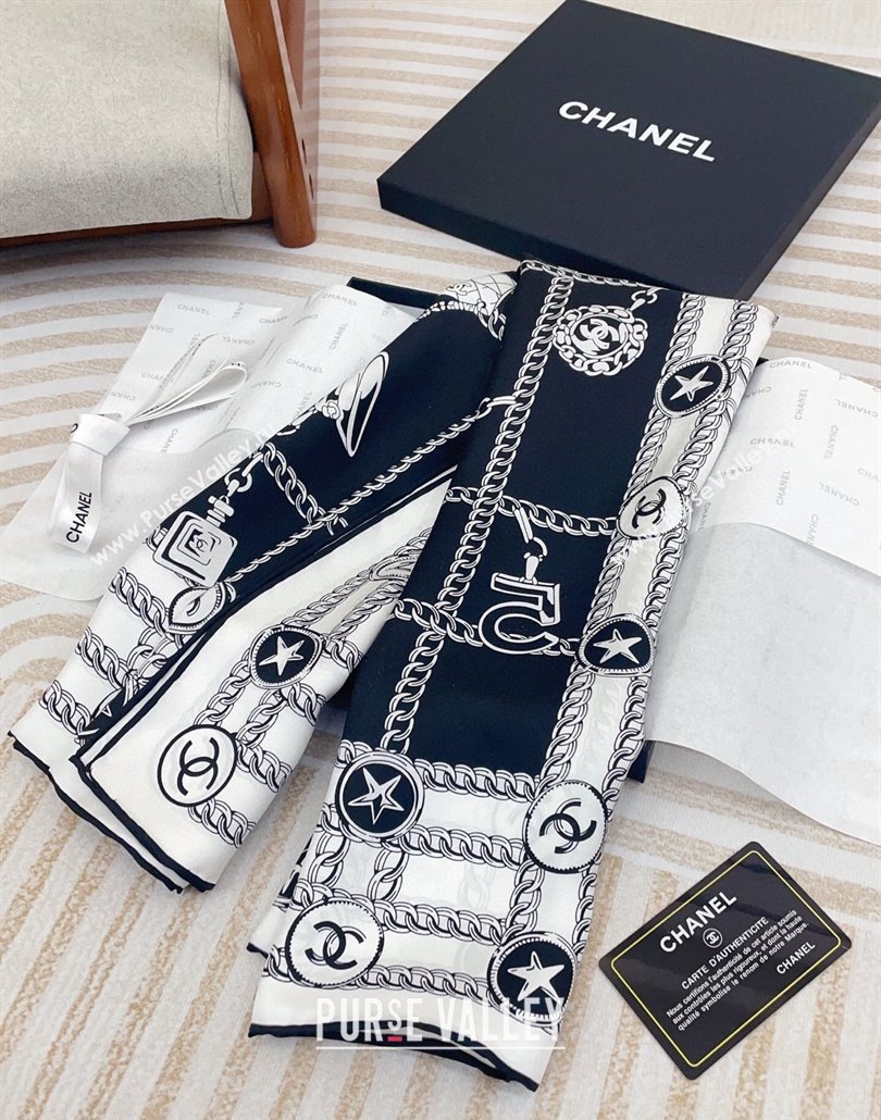 Chanel Chain Quilted Silk Square Scarf 90x90cm Black/White 2025 (SHI-250319099)