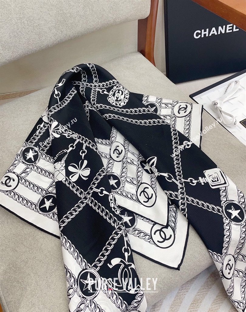 Chanel Chain Quilted Silk Square Scarf 90x90cm Black/White 2025 (SHI-250319099)