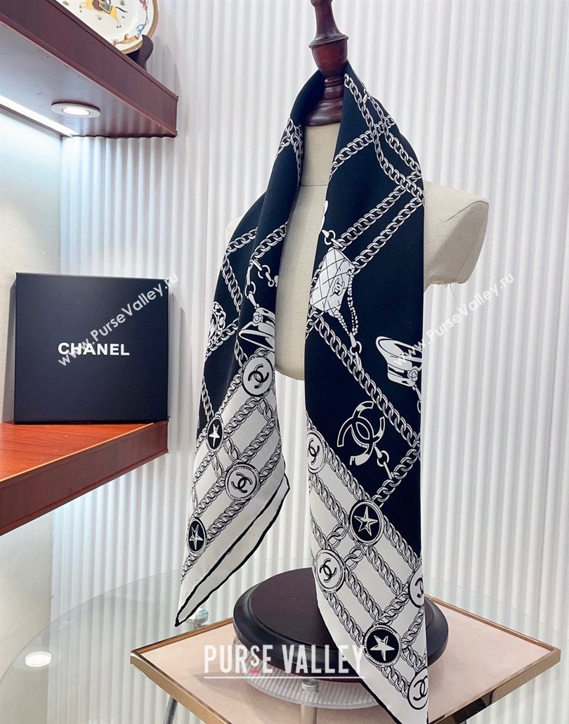 Chanel Chain Quilted Silk Square Scarf 90x90cm Black/White 2025 (SHI-250319099)