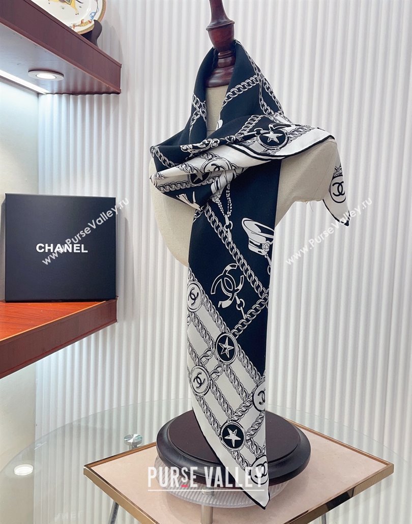 Chanel Chain Quilted Silk Square Scarf 90x90cm Black/White 2025 (SHI-250319099)